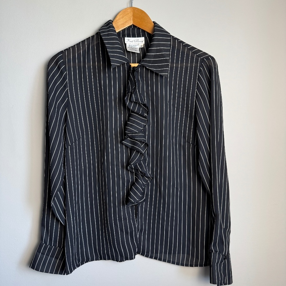 Fred David Women's Vintage Pinstripe‎ Sheer Satin Button Up Blouse Black Medium